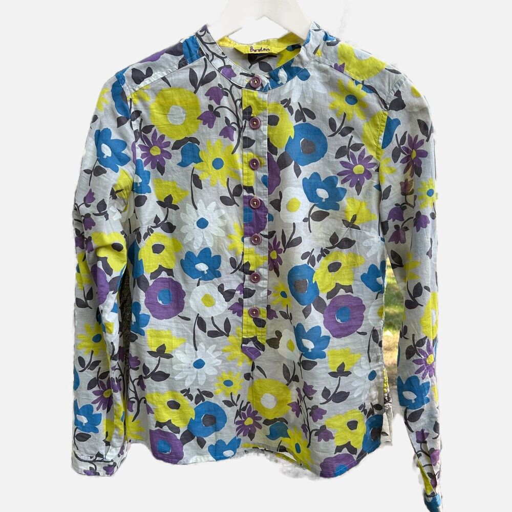 Boden Button Down Collarless Blouse Size 10 Top Floral Yellow Purple Blue Print!